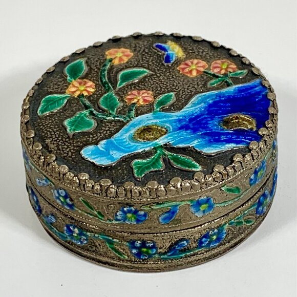 VTG Hand-Painted Floral Enamel Trinket Box Blue Butterfly Design Mirror Compact - Picture 5 of 7